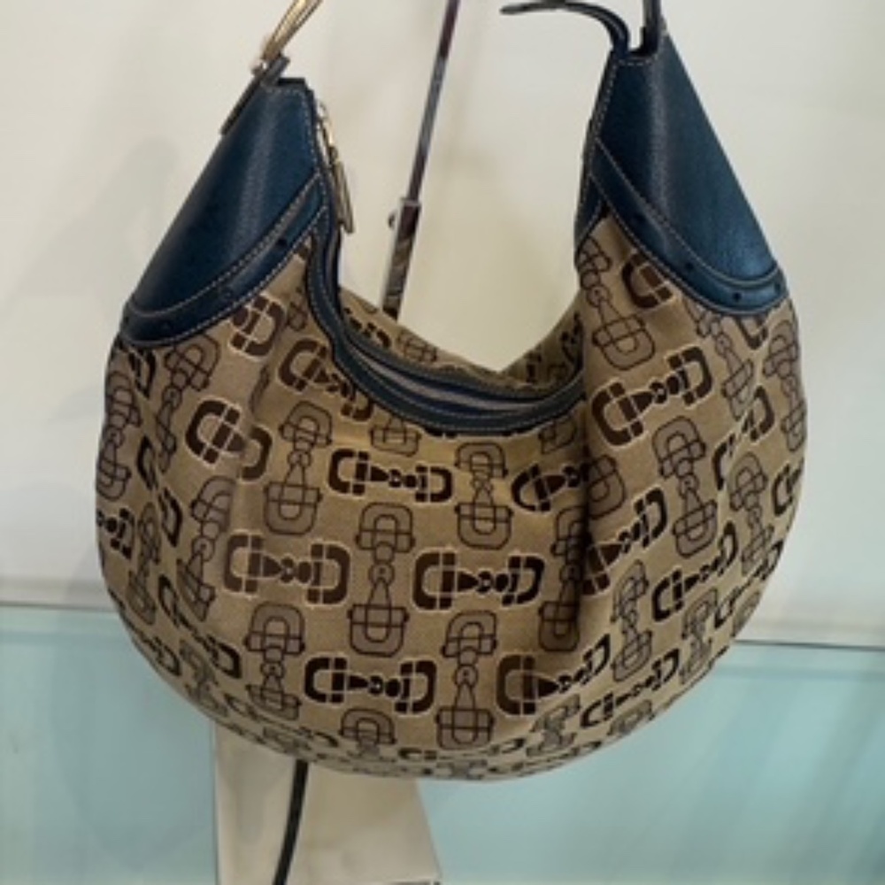 Gucci Horsebit Canvas Hobo Bag with Navy Leather Trim